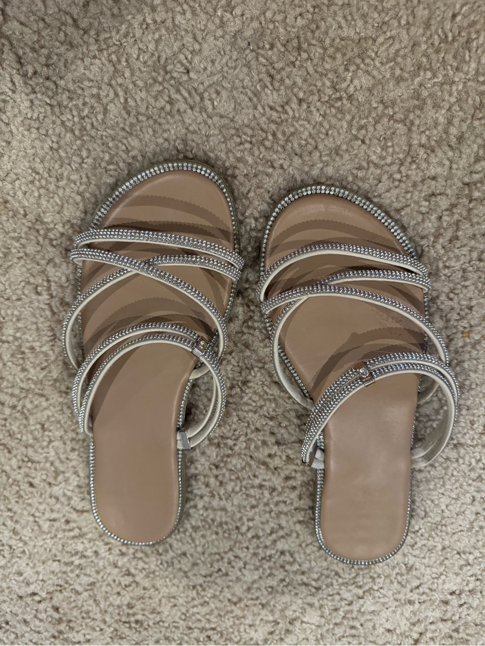 Embellished Nude Strappy Slide Sandals - Women